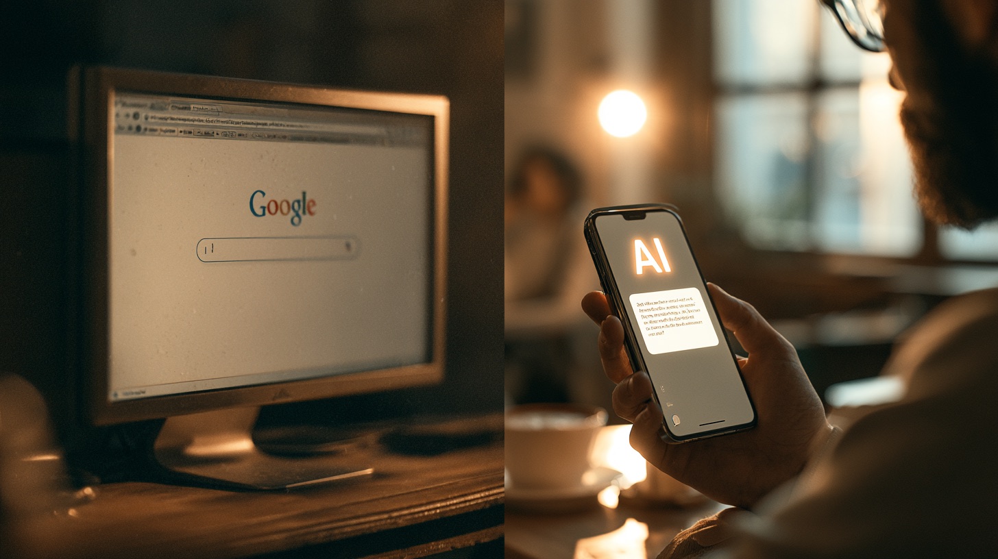 Bal oldalon Google keresés asztali számítógépen, jobb oldalon AI-alkalmazás okostelefonon – az ügyfelek keresési szokásainak változása