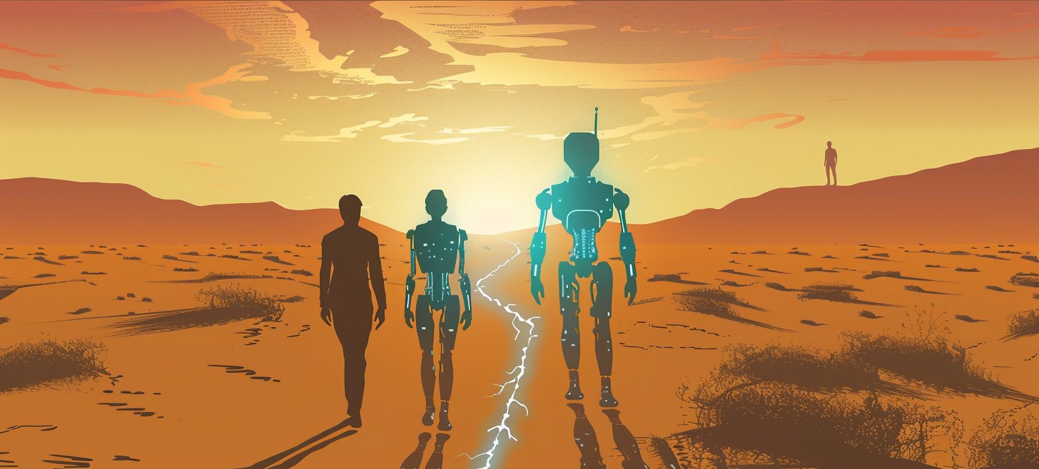 Ember, egy humanoid alak és egy robot együtt gyalogol a sivatagban a naplementében – hol egészíti ki az AI az embert, és hol váltja le
